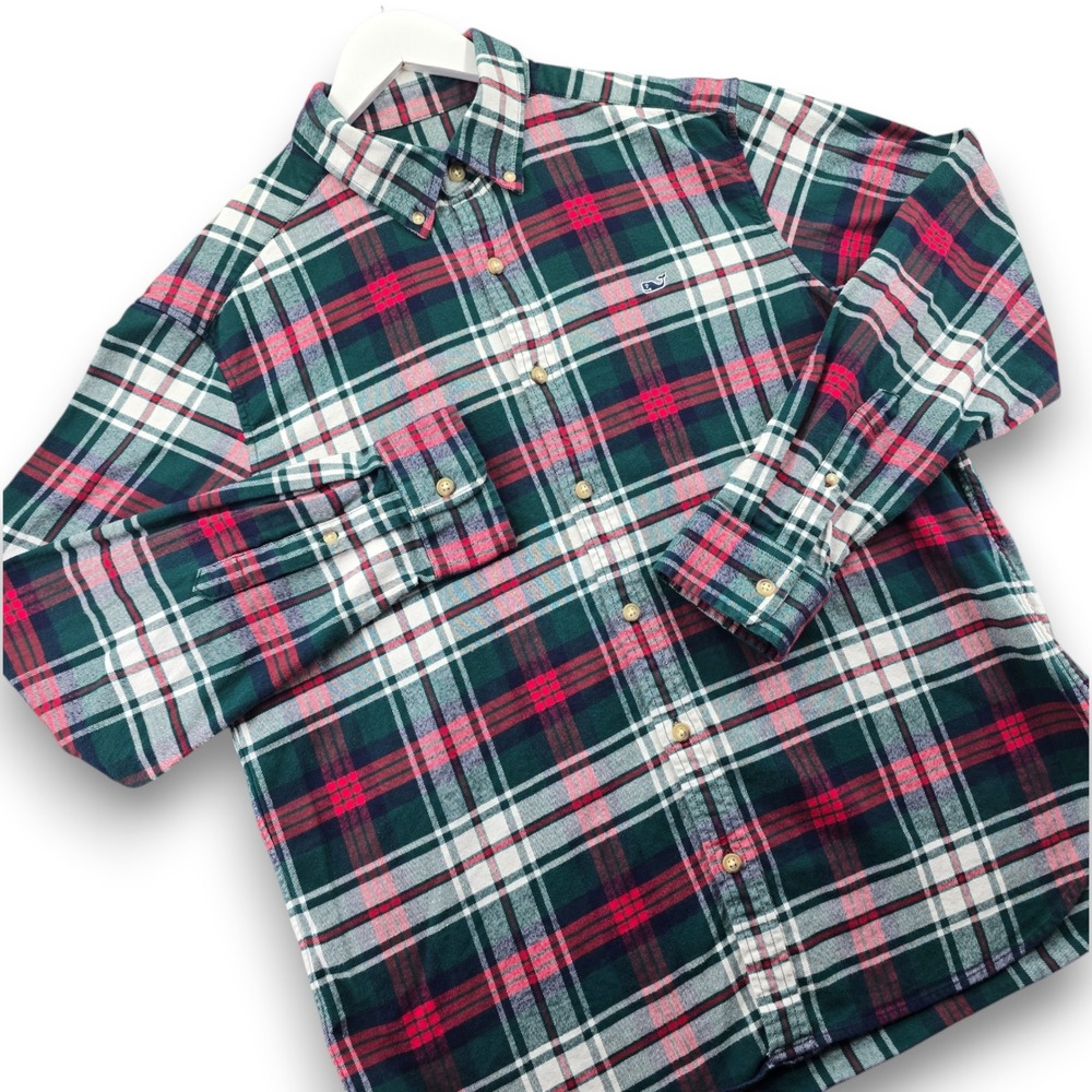 Vineyard Vines Mens Large Plaid Shirt Green Red Cotton Long Sleeve Button Up